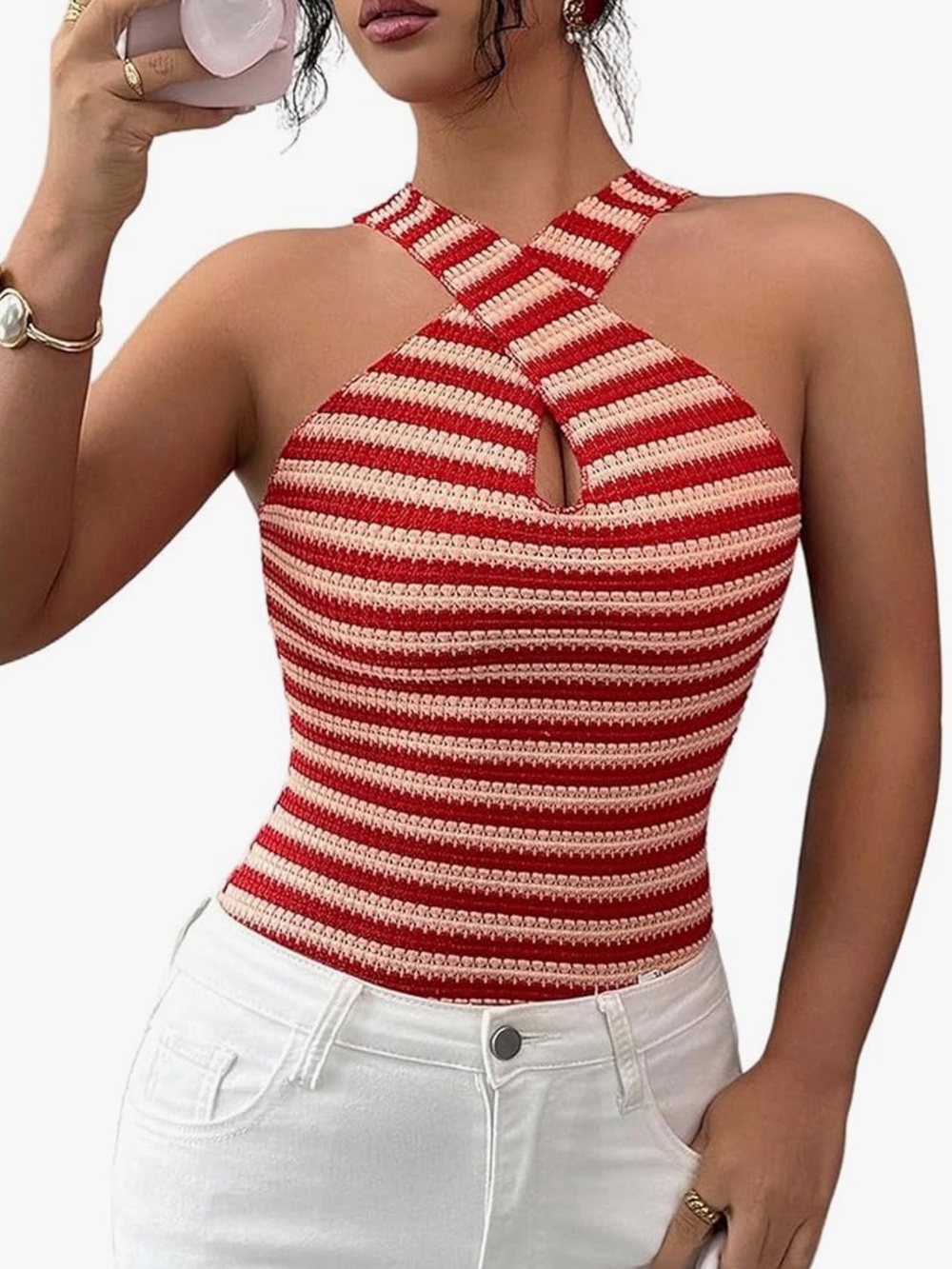 Amazon Red and Cream Striped Crisscross Halter Tank